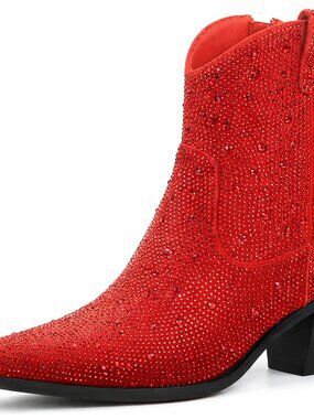 Women's Red-ankle faux leather Pointed Toe Heel Cowgirl Boots with Pull On Tabs